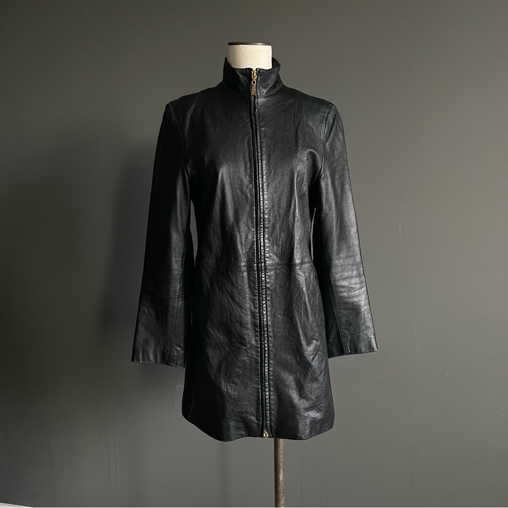 Colebrook & Co Black Leather Jacket Dress Minimal Coat Glam Parisian Old Money